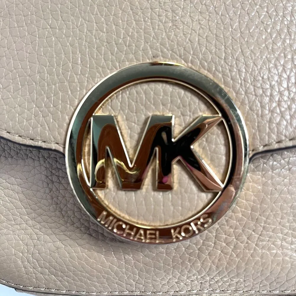 Michael Kors Small Fulton Tan & Gold Pebbled Leather Crossbody